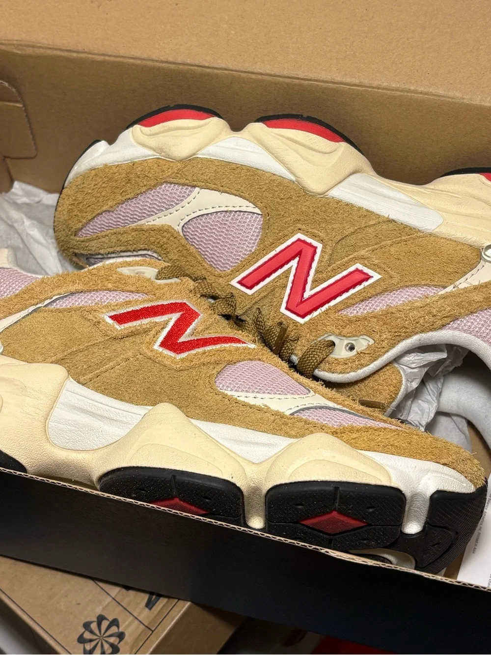 New Balance Women's Tan & Pink Suede Chunky Runner with Red Logo